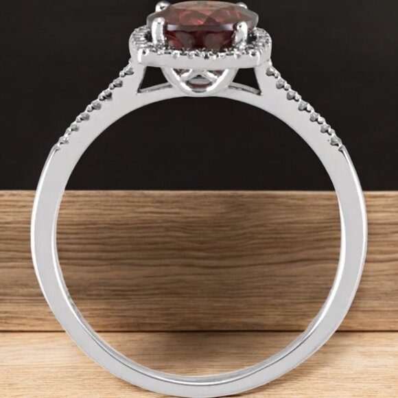 Garnet and Diamond Halo Ring in 925 Sterling Silver - Picture 2 of 2